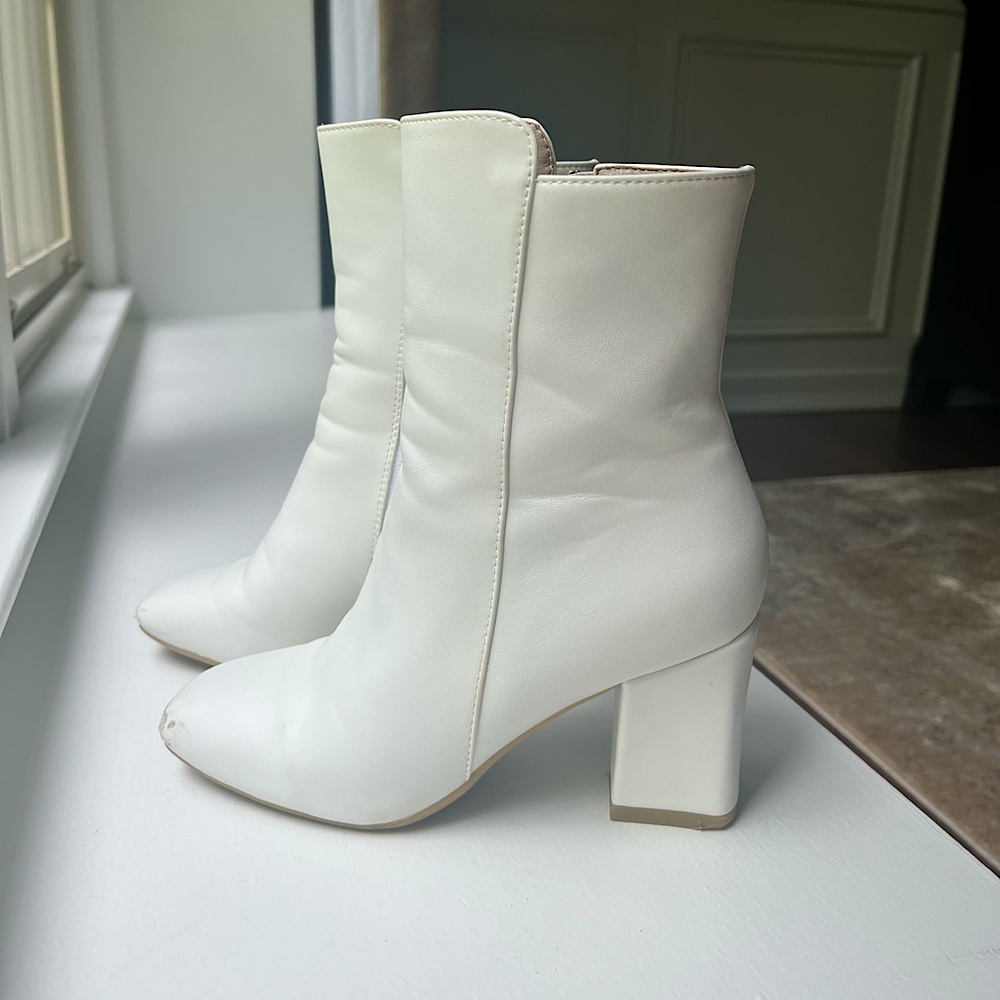White square-toe heeled booties